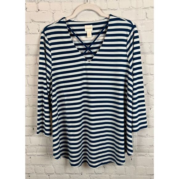 CHICO'S white blue stripes 3/4 sleeve A-line top sweater pullover size 1 8 M - Picture 1 of 7